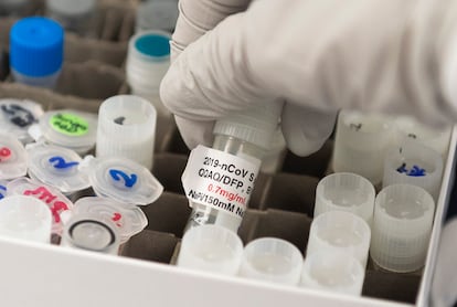 Un vial utilizado en las investigaciones para hallar una vacuna contra la covid-19 en los laboratorios de Novavax en Rockville, Maryland (EE UU), en marzo.