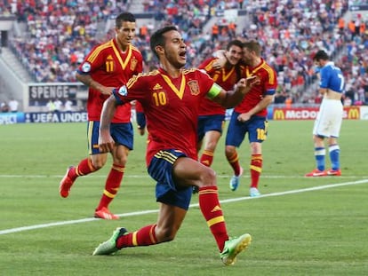 Thiago celebra su segundo gol a Italia