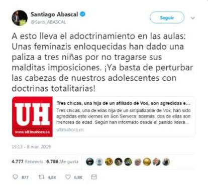 El tuit de Santiago Abascal -ya eliminado- con la noticia falsa.