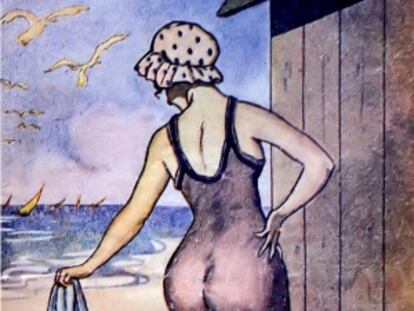 Una banyista en maillot, segons un dibuix dels anys 20, moment de l&#039;eclosi&oacute; de la falera d&#039;anar a la platja.