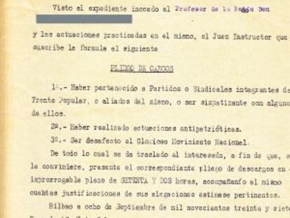Uno de los documentos sobre el proceso de depuración por el régimen franquista de músicos de la BOS que se exponen en la muestra.