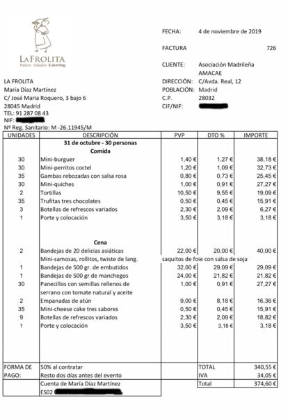 La factura del catering que Salvador Herrero pidió para su cumpleaños con los datos de la Asociación Amacae.