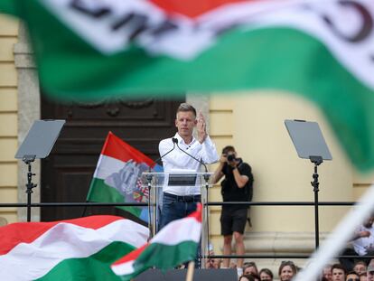 Péter Magyar, durante su intervención este domingo en Debrecen.