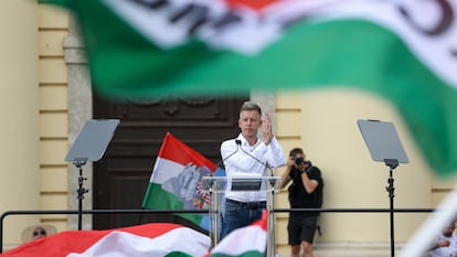 Péter Magyar, durante su intervención este domingo en Debrecen.