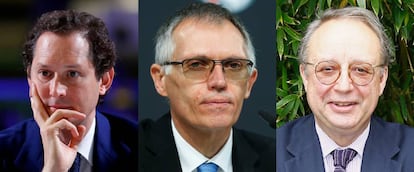 De izquierda a derecha: John Elkann, Carlos Tavares y Robert Peugeot.