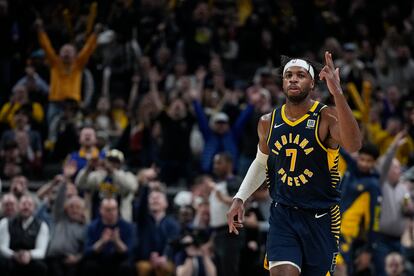 El alero Buddy Hield, durante un partido frente a Houston Rockets el pasado martes, en su último partido con Indiana Pacers.