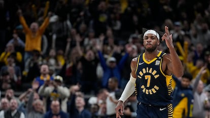 El alero Buddy Hield, durante un partido frente a Houston Rockets el pasado martes, en su último partido con Indiana Pacers.