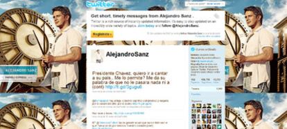 El Twitter de Alejandro Sanz, con el mensaje dirigido a Hugo Chávez.
