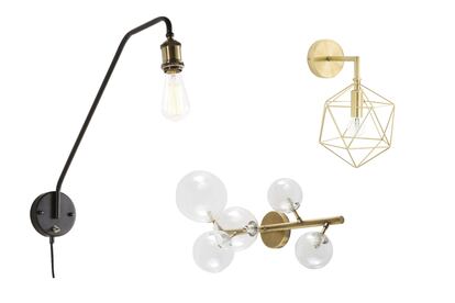 En la imagen: ATOME – Aplique de globo de cristal y bronce (179 €), MURPHY – Aplique de metal negro (49,99 €) y DIAMOND – Aplique de metal dorado (44,90 €). Todo, de Maisons du Monde.