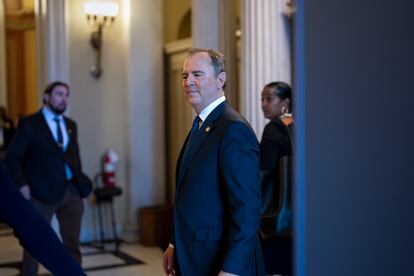 Rep. Adam Schiff stands outside the chamber after the Republican-controlled House voted to censure him for comments he made several years ago about investigations into Trump's ties to Russia