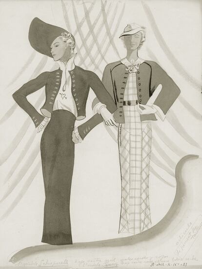 Así tituló Sáenz de Tejada esta ilustración con dos modelos de Schiaparelli y de Jenny, de 1935. Con Elsa Schiaparelli (1890-1973), que fue la otra gran revolucionaria del diseño, Coco Chanel rivalizó por algo más que el trono en el olimpo de la moda. Algunas de sus disputas también tuvieron su origen por alguno de sus amantes.