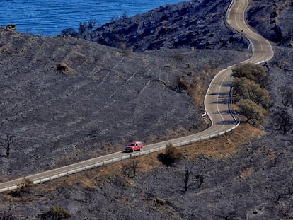 Un automóvil circula por la carretera que discurre por la zona que ha ardido en el incendio del parque natural de Cap de Creus (Girona)