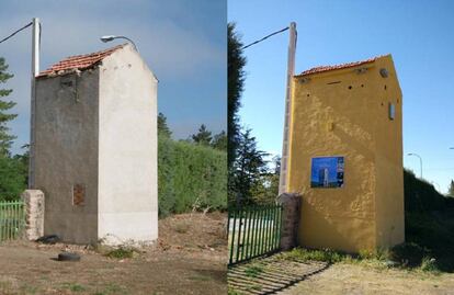 Una de las casetas antes (izquierda) y después de la restauración.
