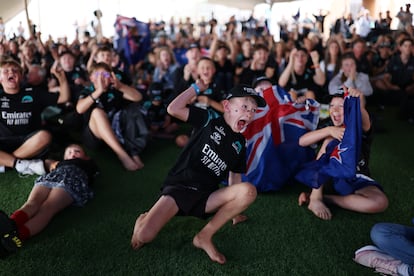 Fans of the New Zealand team at the New Zealand base on the first day of the America's Cup final in Barcelona.