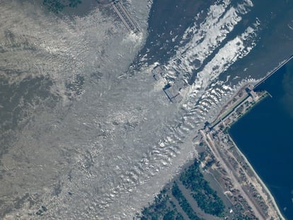 This satellite image provided by Planet Labs PBC shows an overview of the damage on the Kakhovka dam in southern Ukraine on Tuesday, June 6, 2023. Ukraine accused Russian forces Tuesday of blowing up the Kakhovka dam and hydroelectric power station on the Dnieper River in an area that Moscow controls, while Russian officials blamed Ukrainian bombardment in the contested area. It was not possible to verify the claims. (Planet Labs PBC via AP)