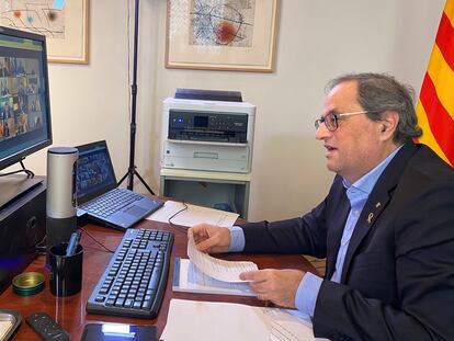 El presidente de la Generalitat, Quim Torra, participando por videoconferencia en la Conferencia de Presidentes.