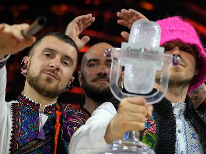 Members of the Kalush Orchestra from Ukraine celebrate after winning the Grand Final of the Eurovision Song Contest at Palaolimpico arena, in Turin, Italy, Saturday, May 14, 2022. (AP Photo/Luca Bruno)