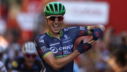 J.Keukeleire celebra en la duod&eacute;cima etapa de la Vuelta a Espa&ntilde;a 2016.