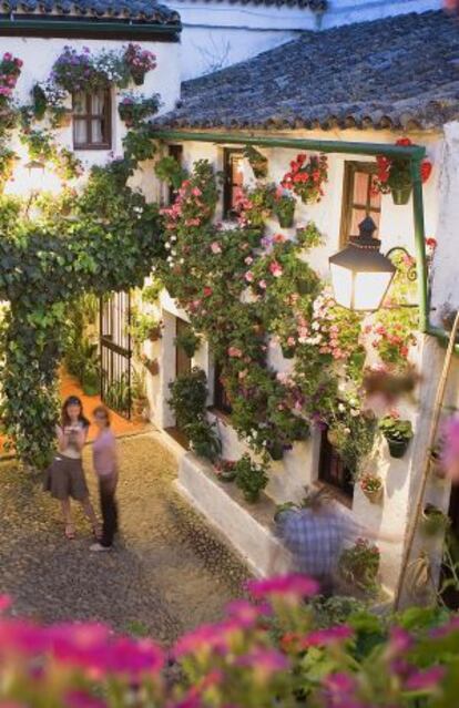 Geranios y enredaderas adornan un patio en la calle de San Basilio en el barrio de la judería de Córdoba, en una imagen de archivo.