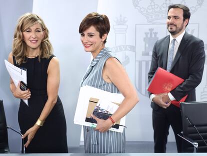 Yolanda Díaz, Isabel Rodríguez y Alberto Garzón, durante la comparecencia tras el Consejo de Ministros de este martes.