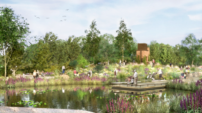 Proyección del estanque en el nuevo jardín real en homenaje a Isabel II de Inglaterra, que se localizará en Regent's Park, al norte de Londres.