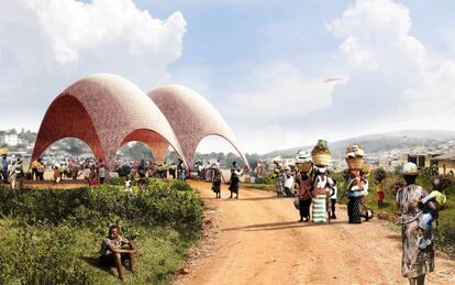 Recreación de la cúpula tabicada que Foster ha ideado para el aeropuerto de drones en Ruanda, siguiendo el modelo de Guastavino.