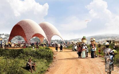 Recreaci&oacute;n de la c&uacute;pula tabicada que Foster ha ideado para el aeropuerto de drones en Ruanda, siguiendo el modelo de Guastavino.