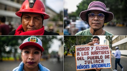 Cuatro peruanos que marchan este 19 de enero en Lima, en la manifestación convocada contra el Gobierno de Dina Boluarte.