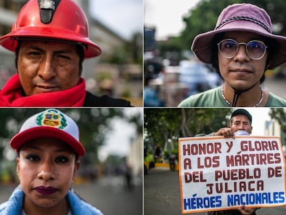 Cuatro peruanos que marchan este 19 de enero en Lima, en la manifestación convocada contra el Gobierno de Dina Boluarte.
