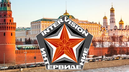 El logo del festival de Intervision sobre una panorámica del Kremlin.