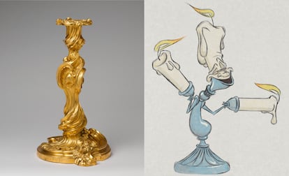 Candelabro de la colección de artes decorativas del Metropolitan, fabricado entre 1735 y 1750 a partir de un diseño de Juste Aurèle Meissonnier. A la derecha, dibujo de la película 'La bella y la bestia' (19919, obra de Kevin Lima.