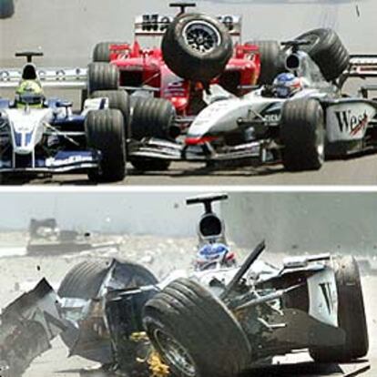 Arriba, el impacto entre el Williams de Ralf Schumacher (izquierda), el McLaren de Raikkonen (derecha) y el Ferrari de Barrichello (detrás), tras la ilegal maniobra del primero. Abajo, estado en el que quedó el coche del finlandés.