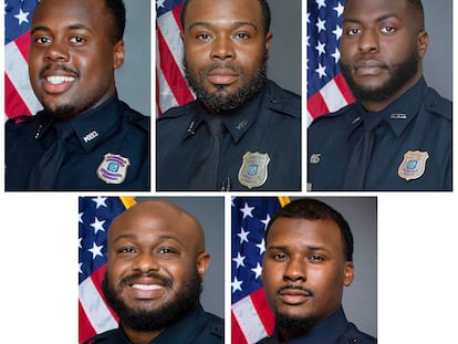 Officers Tadarrius Bean, Demetrius Haley, Emmitt Martin III, and bottom row from left, Desmond Mills Jr. and Justin Smith