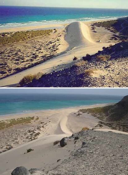 La misma duna, en una playa de Sotavento: arriba, en 1999, y en una foto tomada ayer, casi inexistente.