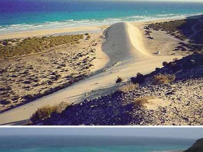 La misma duna, en una playa de Sotavento: arriba, en 1999, y en una foto tomada ayer, casi inexistente.