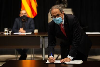 El presidente de la Generalitat, Quim Torra, durante el acto de la firma del Acuerdo Nacional de Bases por la Reactivación Económica.