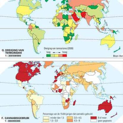 Mapa del riesgo de atentados terroristas (arriba) y del consumo anual por persona de hachís.