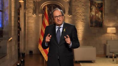 El presidente catalán Quim Torra durante el mensaje institucional. En vídeo, declaraciones de Torra.
