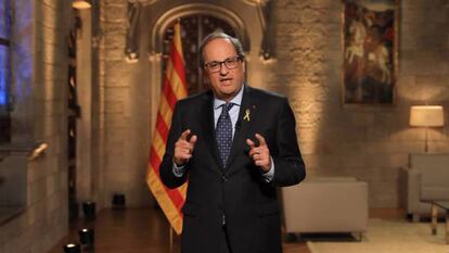 El presidente catalán Quim Torra durante el mensaje institucional. En vídeo, declaraciones de Torra. 
 