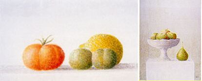 Dos acuarelas de Xavier Valls, a la izquierda, 'Tomate, ciruelas y limón', y a la derecha, 'Frutero con manzanas'.