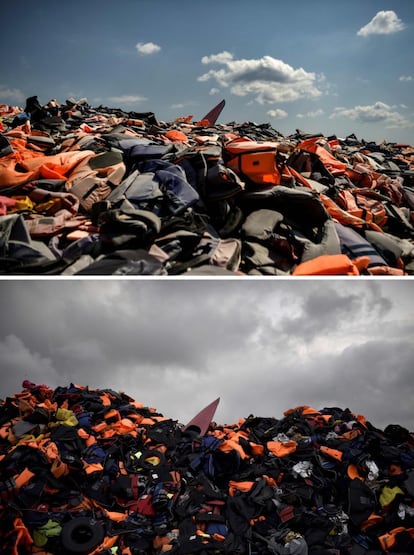 Miles de chalecos salvavidas se acumulan en Mithymna, en la isla de Lesbos. La imagen superior fue tomada el 4 de agosto de 2018, la inferior el 28 de septiembre de 2015.