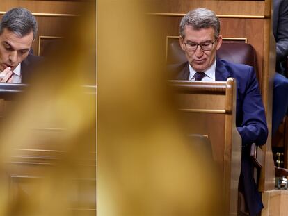 El presidente del Gobierno, Pedro Sánchez, y el presidente del PP, Alberto Núñez Feijóo, en dos momentos del Pleno del Congreso de este miércoles.