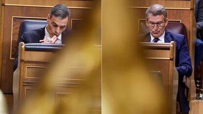 El presidente del Gobierno, Pedro Sánchez, y el presidente del PP, Alberto Núñez Feijóo, en dos momentos del Pleno del Congreso de este miércoles.