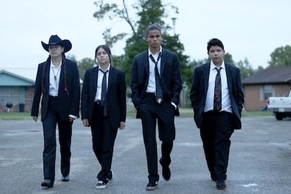 From left to right, Paulina Alexis (Willie), Devery Jacobs (Elora), D'Pharaoh Woon-A-Tai (Bear) and Lane Factor (Cheese), in the first episode of the series 'Reservation Dogs', directed by Harjos and written by Sterlin Harjo and Taika Waititi. 