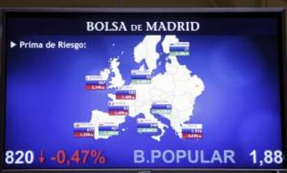 Pantalla de la Bolsa de Madrid ayer con la evolución de la prima de riesgo.