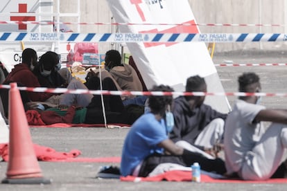 Un grupo de migrantes rescatados aguarda en el muelle de Arguineguín (Gran Canaria) el pasado día 5 de agosto.