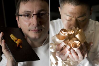 Los cocineros Andoni Luis Aduriz, con un plato de plátanos asados con erizos, y Yoshiro Narisawa, con virutas de cedro para elaborar "caldo de madera".