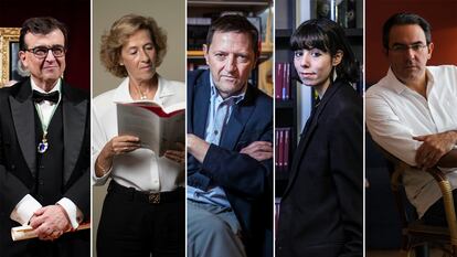 De izquierda a derecha: Javier Cercas, Julia Navarro, Ignacio Martínez de Pisón, Sara Barquinero y Juan Gabriel Vásquez, invitados este año al 'podcast' '¿Qué estás leyendo?'.