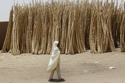 Una niña camina por delante de un montón de ramas que serán utilizadas para la construcción de viviendas en Agadez.