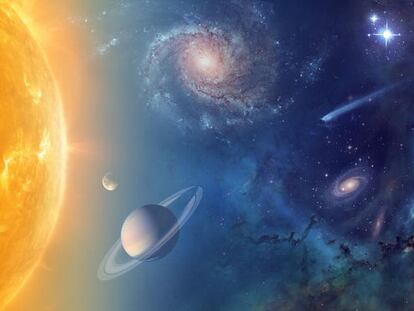 Ilustração da NASA sobre seus objetivos de exploração do Sistema Solar e pesquisa do universo.
